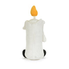 A white ribbed corduroy plush candle toy with a yellow-orange flame on top and small black feet, shown from the back on a white background.