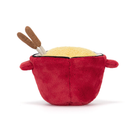 Red plush toy resembling a pot with a yellow interior and wooden utensils on a white background