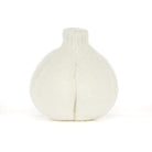 A white knitted garlic-shaped decorative object, photographed against a seamless white background.
