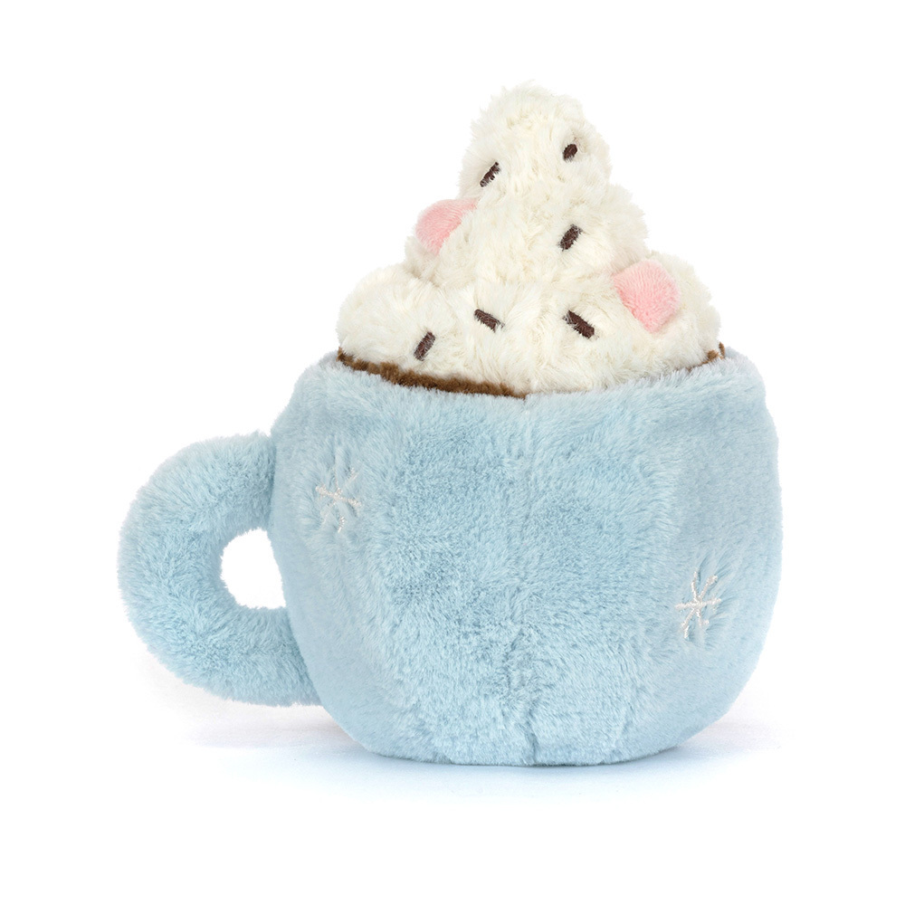 Plush toy resembling a cup of hot chocolate with whipped cream on a white background