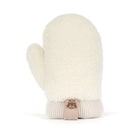 A single cream-colored fleece mitten with a ribbed beige cuff and a small brown embroidered owl logo on a beige pull tab, shown against a plain white background.