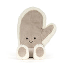 A plush mitten toy in taupe with cream faux fur trim, featuring a simple embroidered smiley face and ribbed taupe feet, shown on a white background.