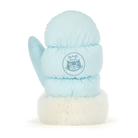 Light blue baby mittens with a white paw print design on a white background