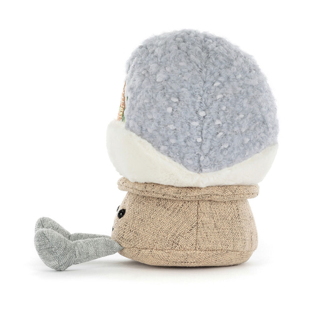 Small plush toy with a textured gray top and beige bottom on a white background