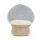 Mushroom-shaped toy with gray cap and beige stem on a white background