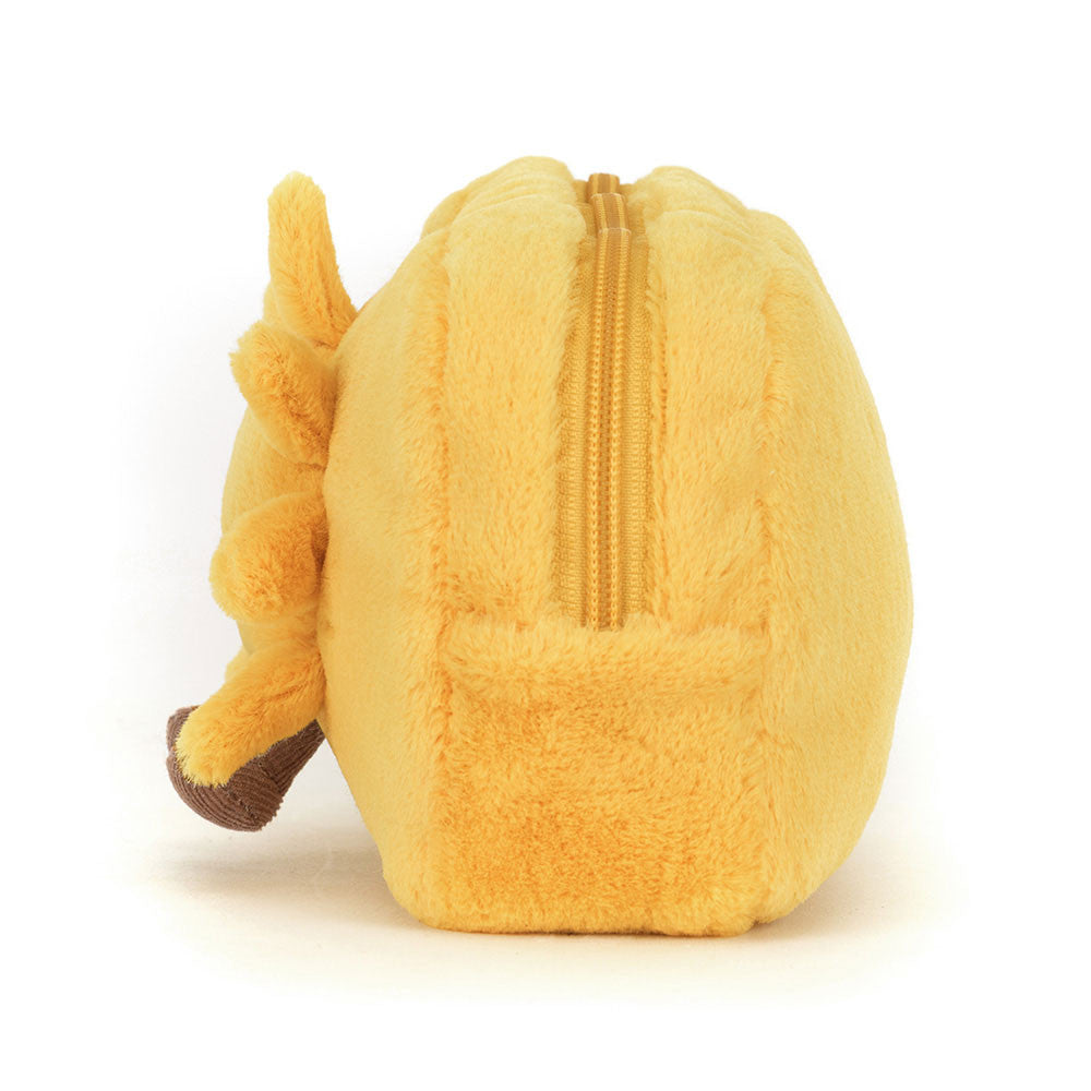 Yellow plush toy with a zipper on a white background