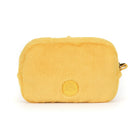 Yellow rectangular pouch with a circular logo on a white background