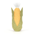 Corn-shaped plush toy with green husk on a white background