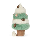 A plush cupcake-shaped toy or decorative figure with fluffy white and mint green frosting-like layers, brown acorn ornaments, and a brown corduroy-like base on a white background.