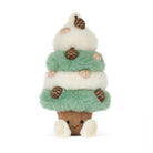 A plush cupcake-shaped toy or decorative figure with fluffy white and mint green frosting-like layers, with eyes and mouth, brown acorn ornaments, and a brown corduroy-like base on a white background.