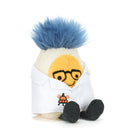 A plush character toy with bright blue hair, a cream-colored body, a white lab coat, and black shoes, shown against a plain white background.