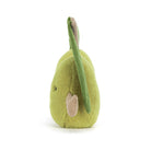 Green plush toy shaped like a pear with bunny ears on a white background