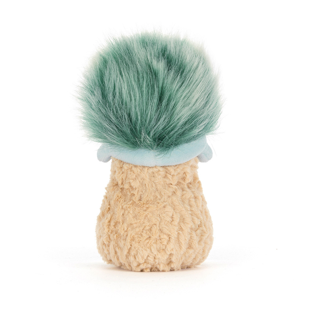 Small plush toy resembling a pine cone with a green top on a white background