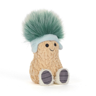 Plush toy with a textured body, teal pom-pom head, and gray feet on a white background