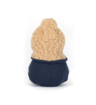 Small plush toy with a beige top and navy bottom on a white background