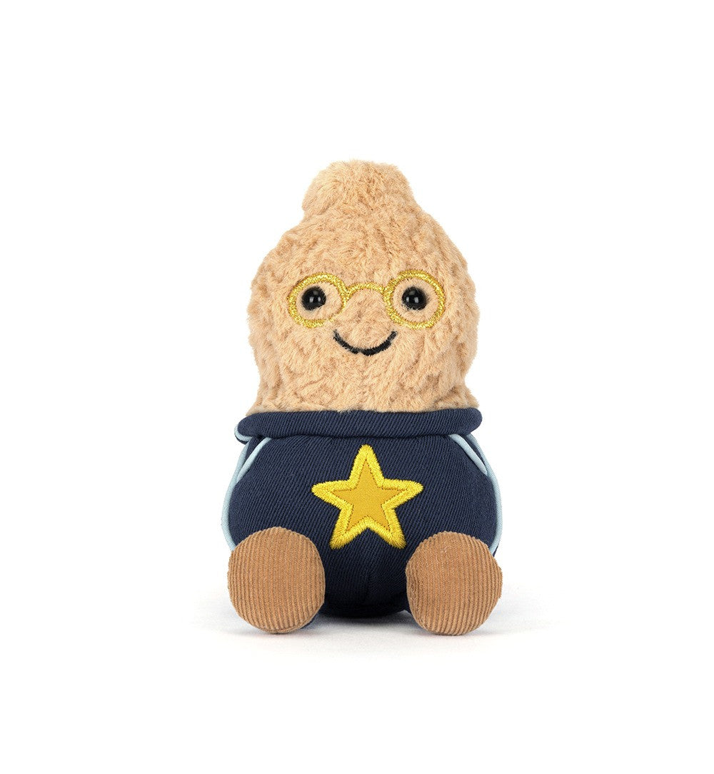 Plush toy resembling a character with glasses and a star on a white background