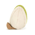 Plush toy shaped like a pear with a green stem on a white background