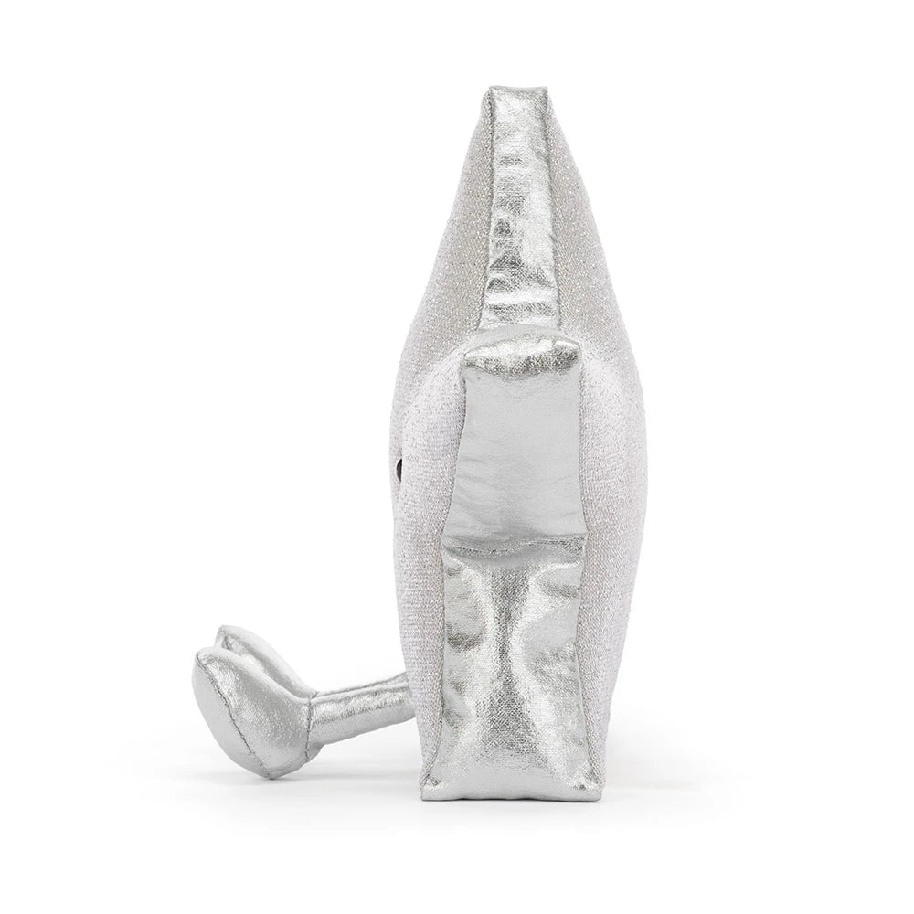 A silver metallic plush whale toy shown from a side profile view on a clean white background.
