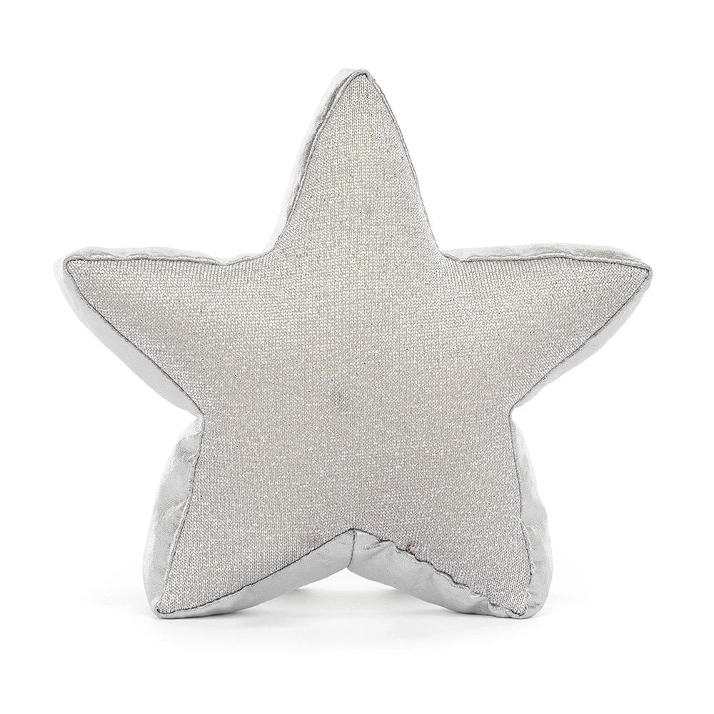 A star-shaped decorative throw pillow in a textured silver-gray fabric, shown against a plain white background.