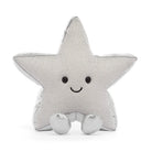 A silver star-shaped plush toy with a smiling embroidered face and small feet, photographed against a clean white background.