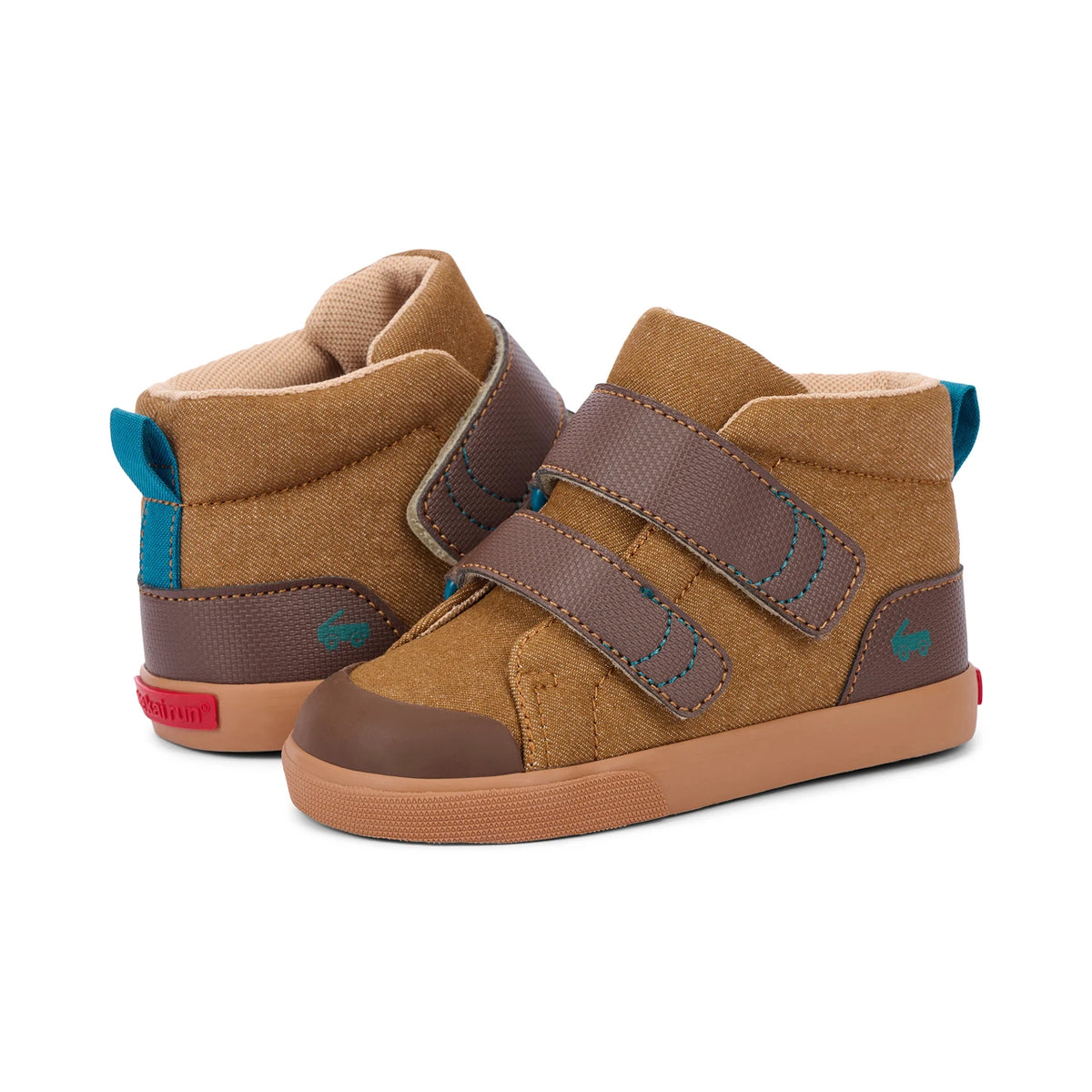 A pair of toddler's mid-top sneakers in brown suede and faux-leather, featuring brown hook-and-loop straps, a tan sole, and small teal accents.