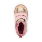 Pink and gold children's shoe on a white background
