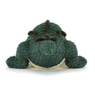 Green knitted dinosaur toy on a white background