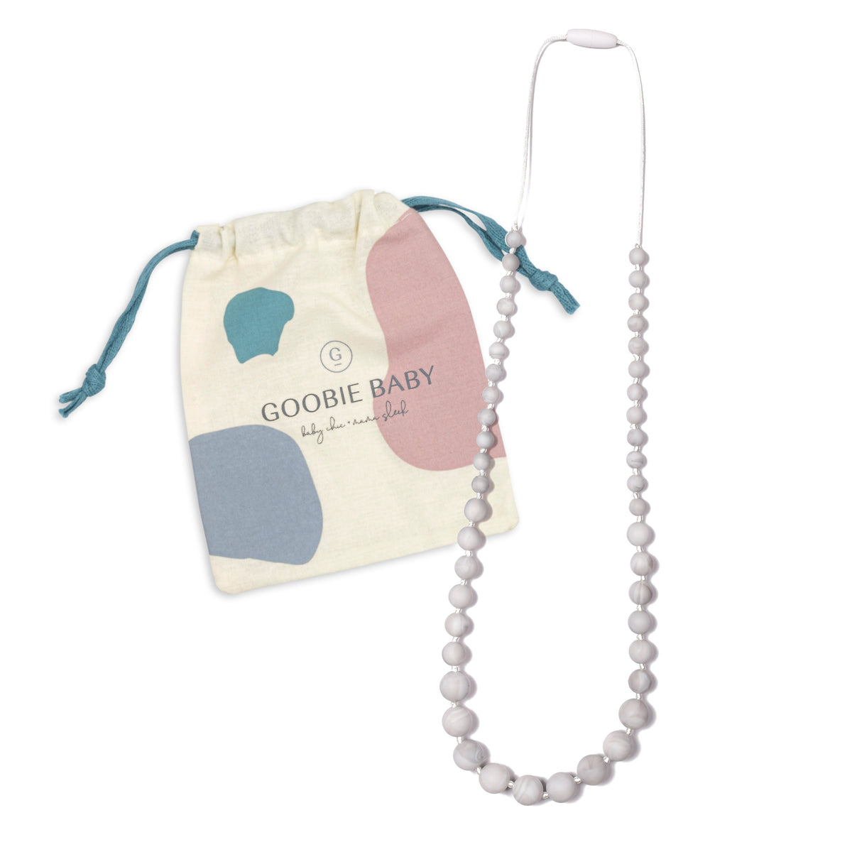 Beaded necklace with a drawstring bag featuring 'Goobie Baby' branding on a white background.