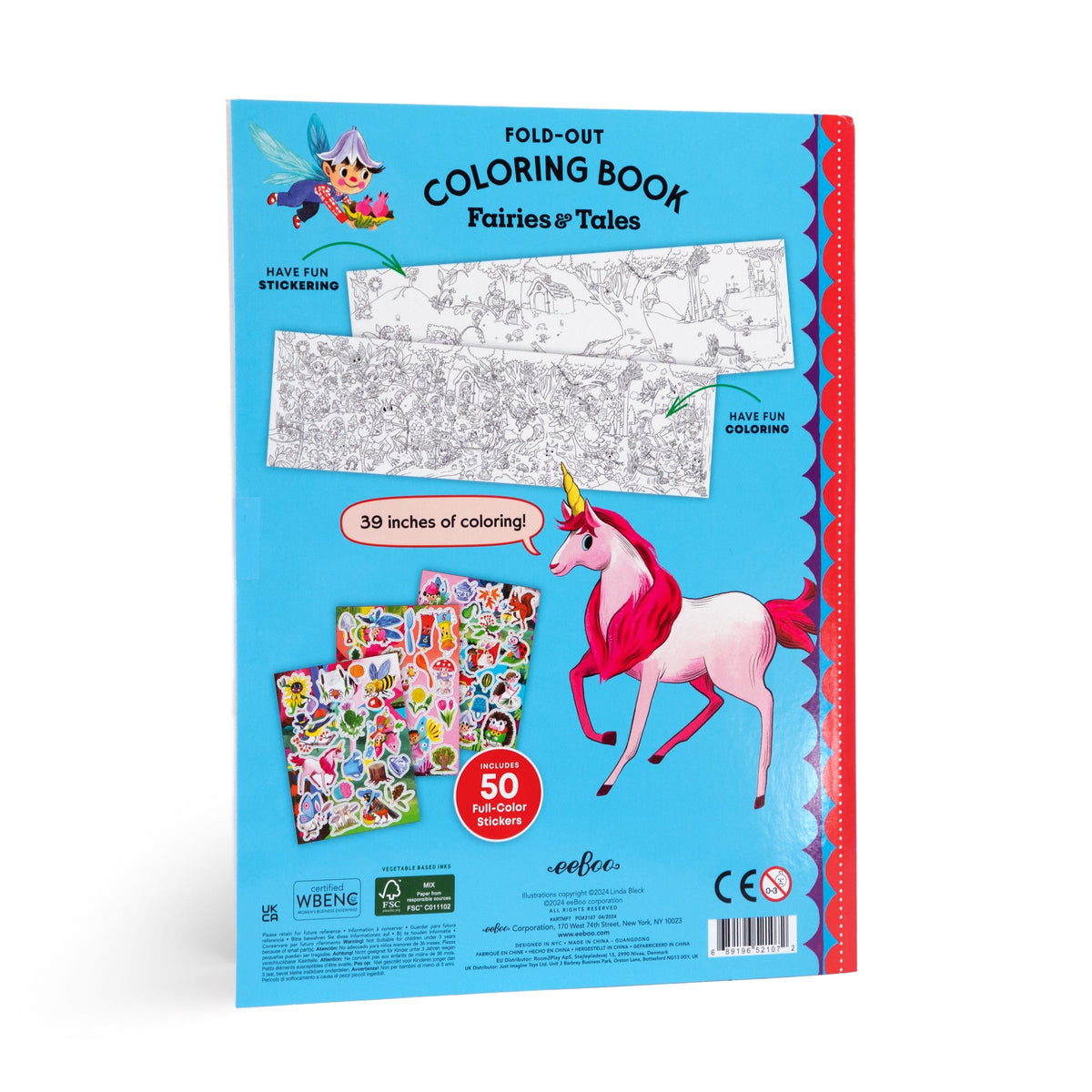 Fold-out coloring book with fairies and unicorns on a blue background