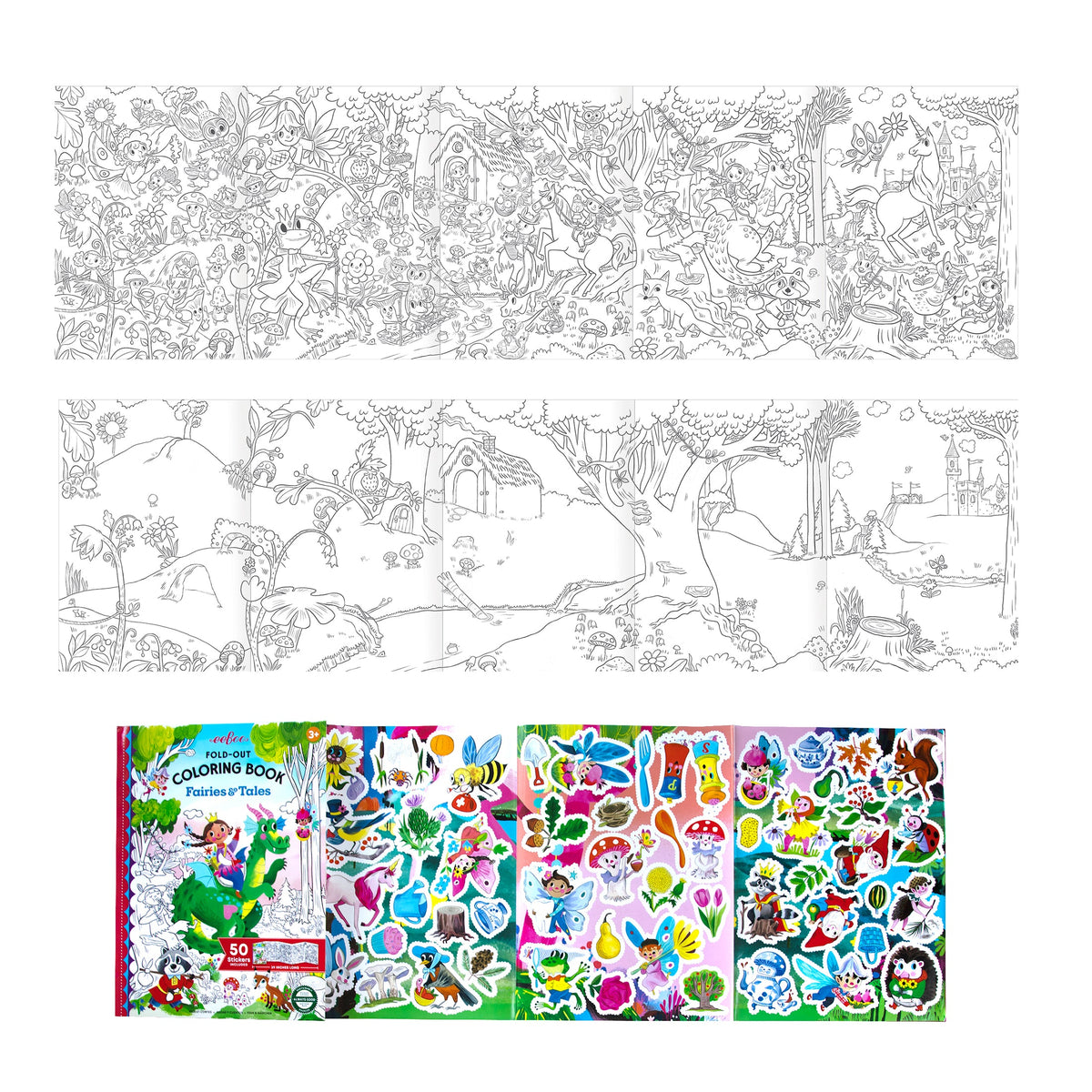 Coloring book with stickers and coloring pages of a fairy tale scene.