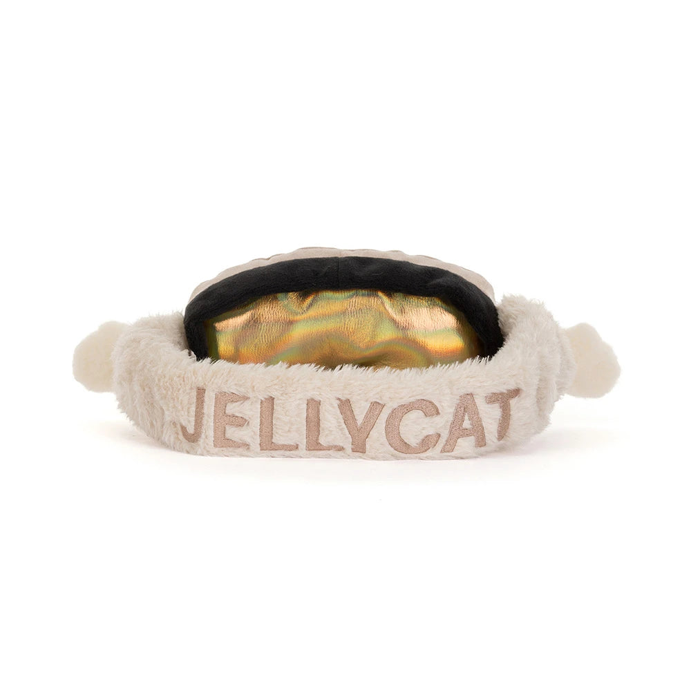 A plush pet headband featuring the brand name 'JELLYCAT' embroidered in beige on the front, with a black elastic band and a shiny gold interior lining, set against a plain white background.