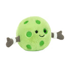 A plush toy resembling a green pickleball with arms and a smiling face.