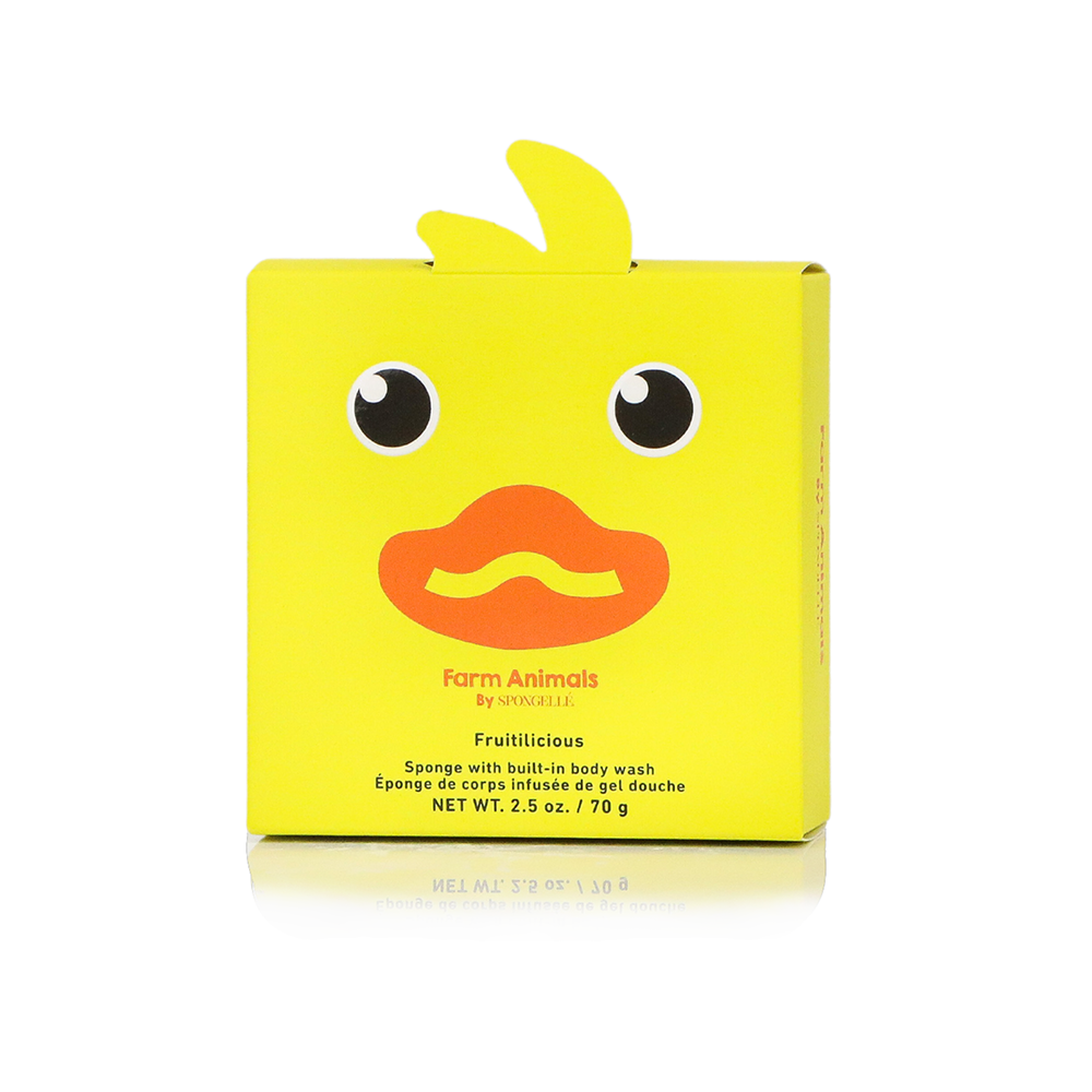 Yellow packaging with a duck face design on a white background