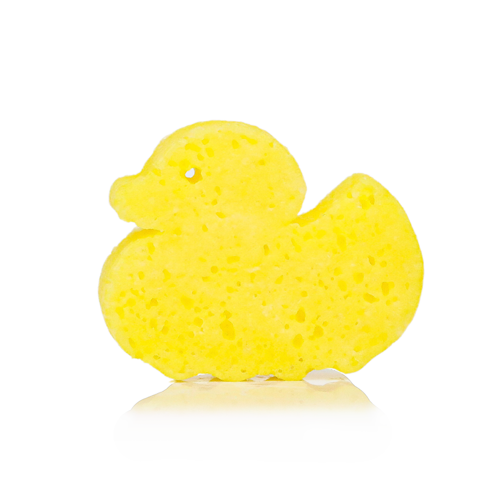 Yellow duck-shaped sponge on a white background