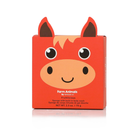 Red horse-shaped box with a cartoon face on a white background