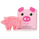 Pink pig-shaped sponge body wash next to its pink packaging box featuring a cartoon pig face. The box is labeled 'Farm Animals BY NINJAJIRI' and 'Fruitliclass'.