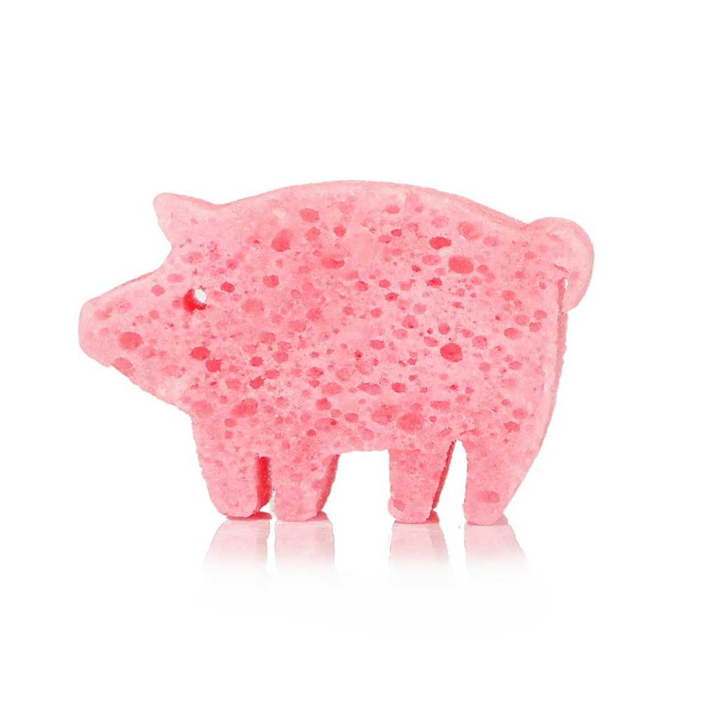 Pink pig-shaped object with a speckled pattern on a white background
