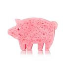 Pink pig-shaped object with a speckled pattern on a white background