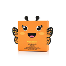 Orange packaging with a butterfly design on a white background