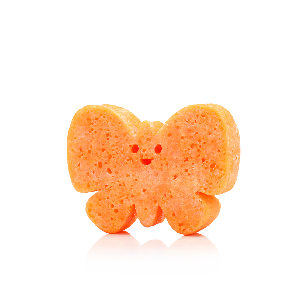 Butterfly-shaped sponge with a smiling face on a white background