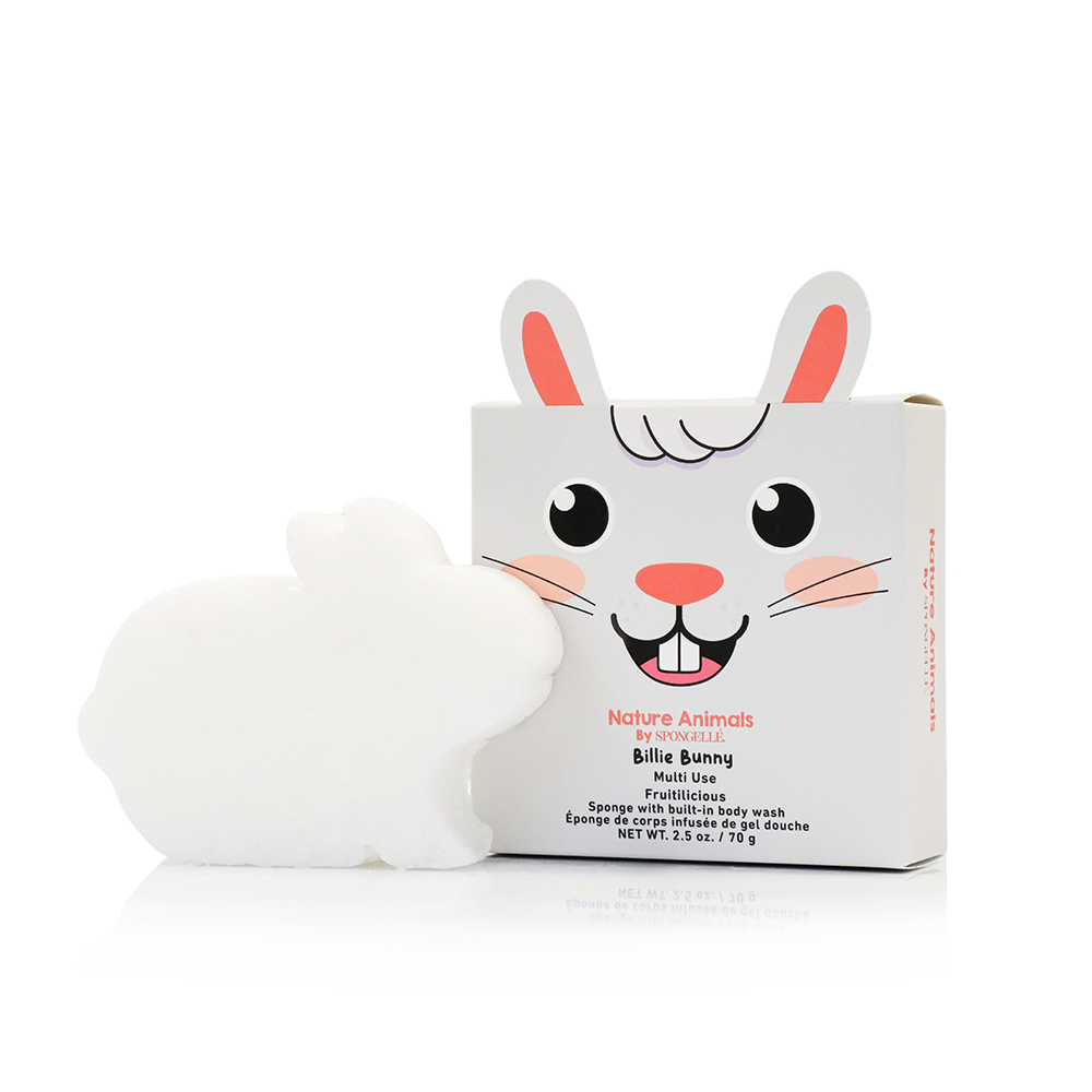 Nature Animals by NatureBabe Billie Bunny Multi Use Foaming Body Wash shown with its white packaging box featuring a cartoon bunny face, alongside a white cloud-shaped body wash bottle.
