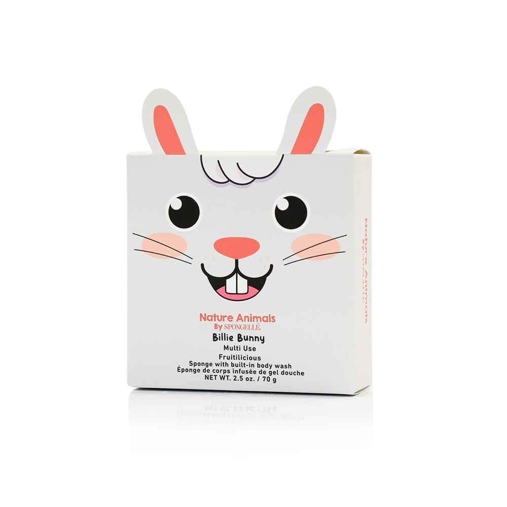 Box with bunny design and text on a white background