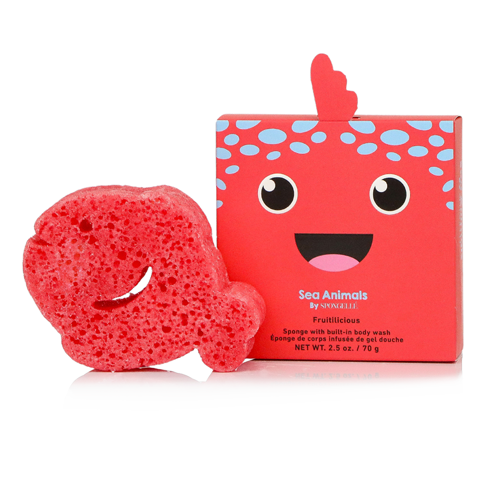 Red sponge with a cartoon face packaging on a white background
