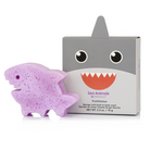 A purple shark-shaped sponge body wash sponge displayed next to its gray and white retail box featuring a cartoon shark face. The box is labeled 'Sea Animals by O'NeeLoo' and 'Fruitylicious'.