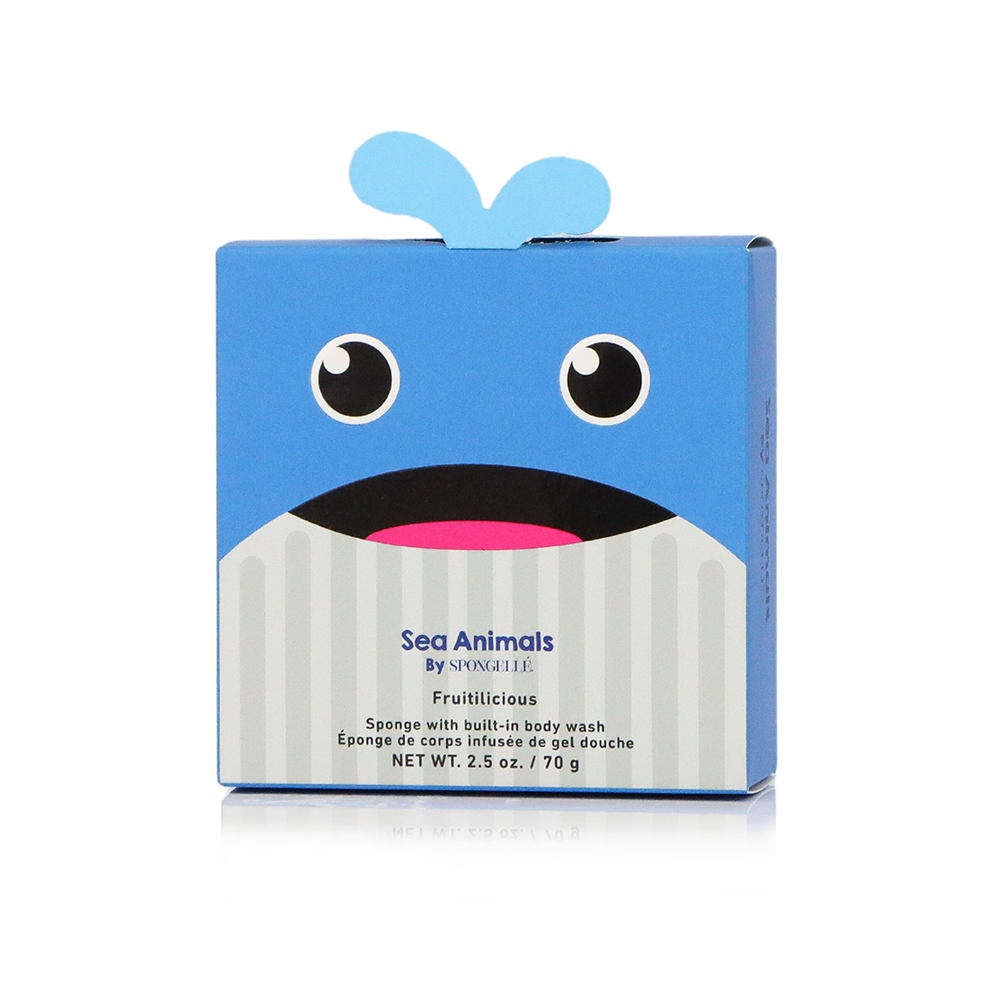 Blue and white packaging of Sea Animals by Sprinkles with a cartoon whale design on a white background.