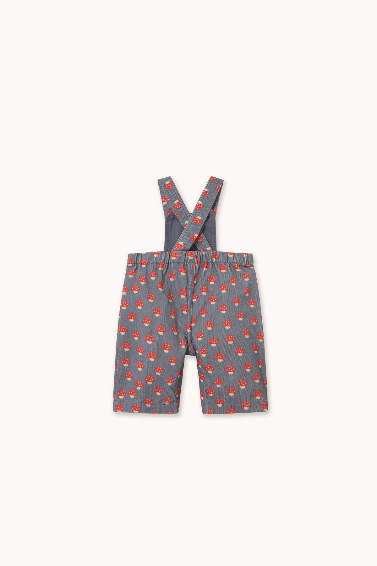 A pair of toddler boy's gray suspenders with a red and orange patterned fabric, displayed flat against a light cream background.