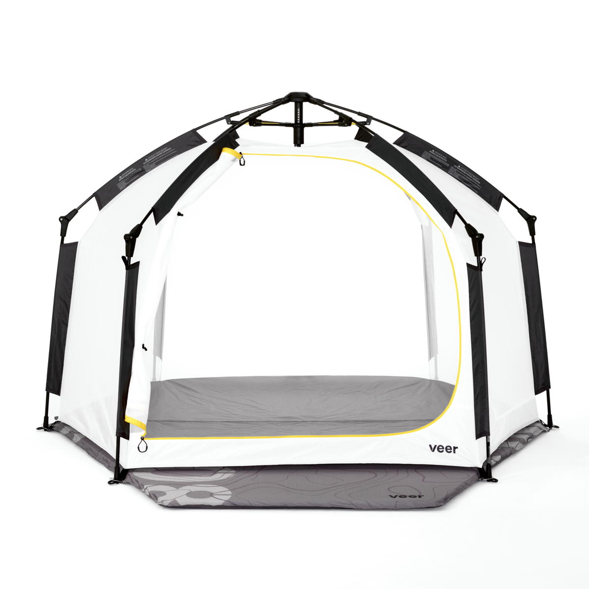 Portable playpen with mesh walls and a mattress, branded 'veer', on a white background