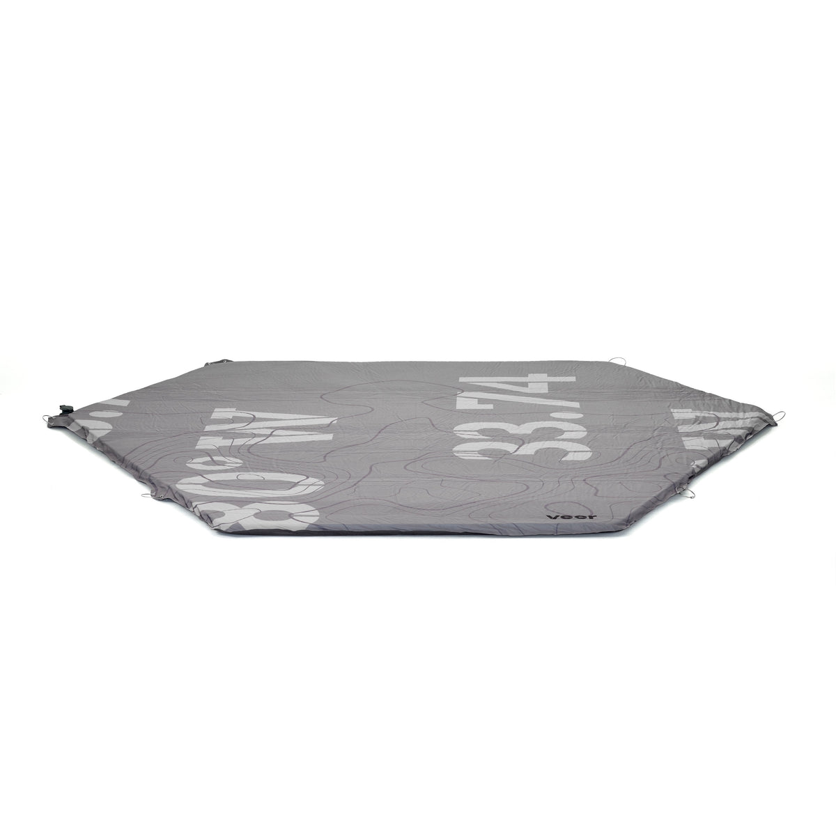 Gray hexagonal mat with branding on a white background