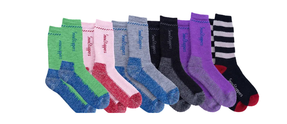Set of colorful socks with brand name on a white background