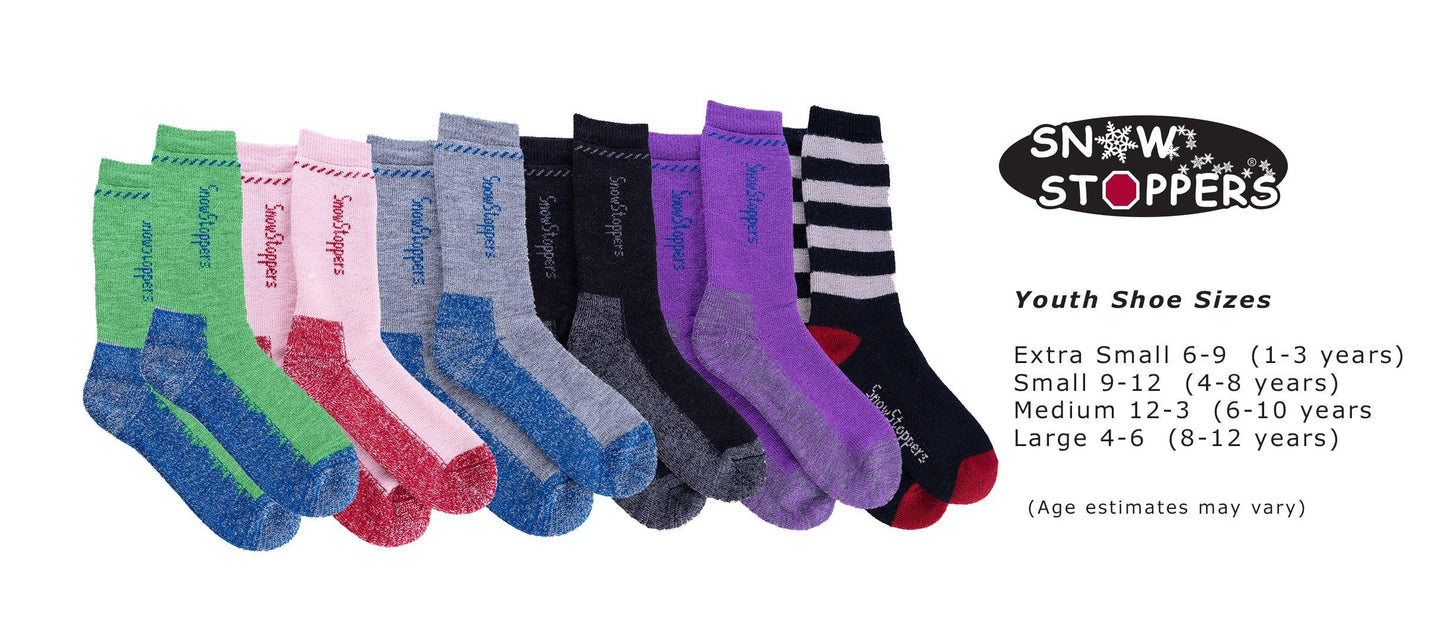 SnowStoppers youth shoe size chart showing youth sizes: Extra Small 6-9 (1-3 years), Small 9-12 (4-8 years), Medium 12-3 (6-10 years), and Large 4-6 (8-12 years), alongside a lineup of colorful alpaca socks in various shades and patterns.